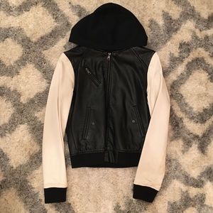 Faux black leather bomber with hood size small